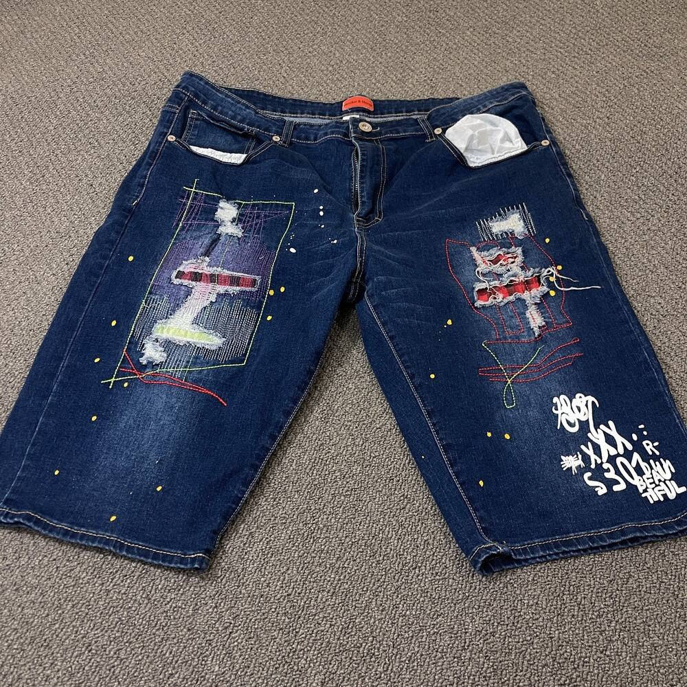 Bleecker & Mercer Jean Shorts Mens 42 Blue Denim Distressed Paint Splatter Patch